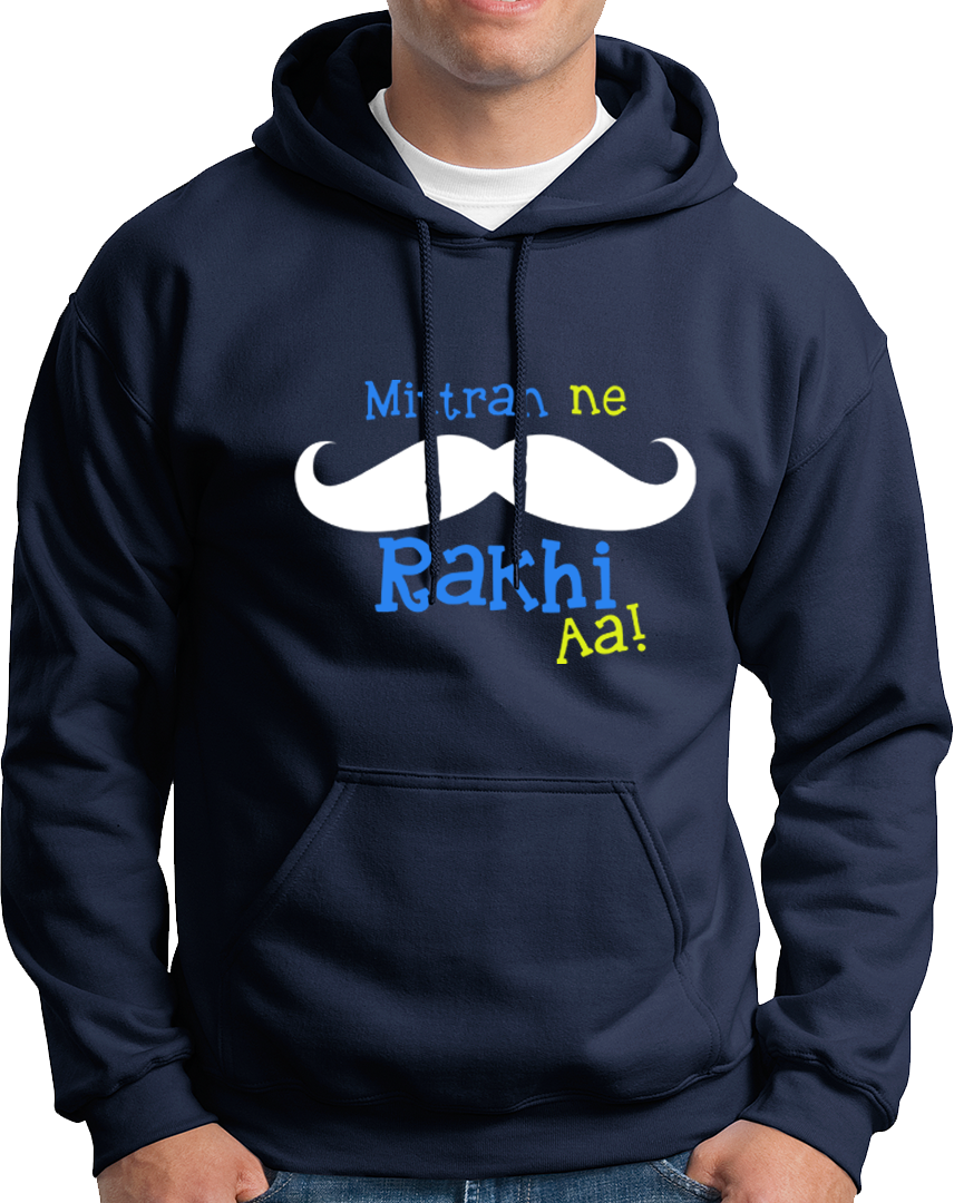 Navy Blue Mittran Ne Muchch Rakhi Aa Unisex Hoodie with fun Punjabi muchch print by Garrari