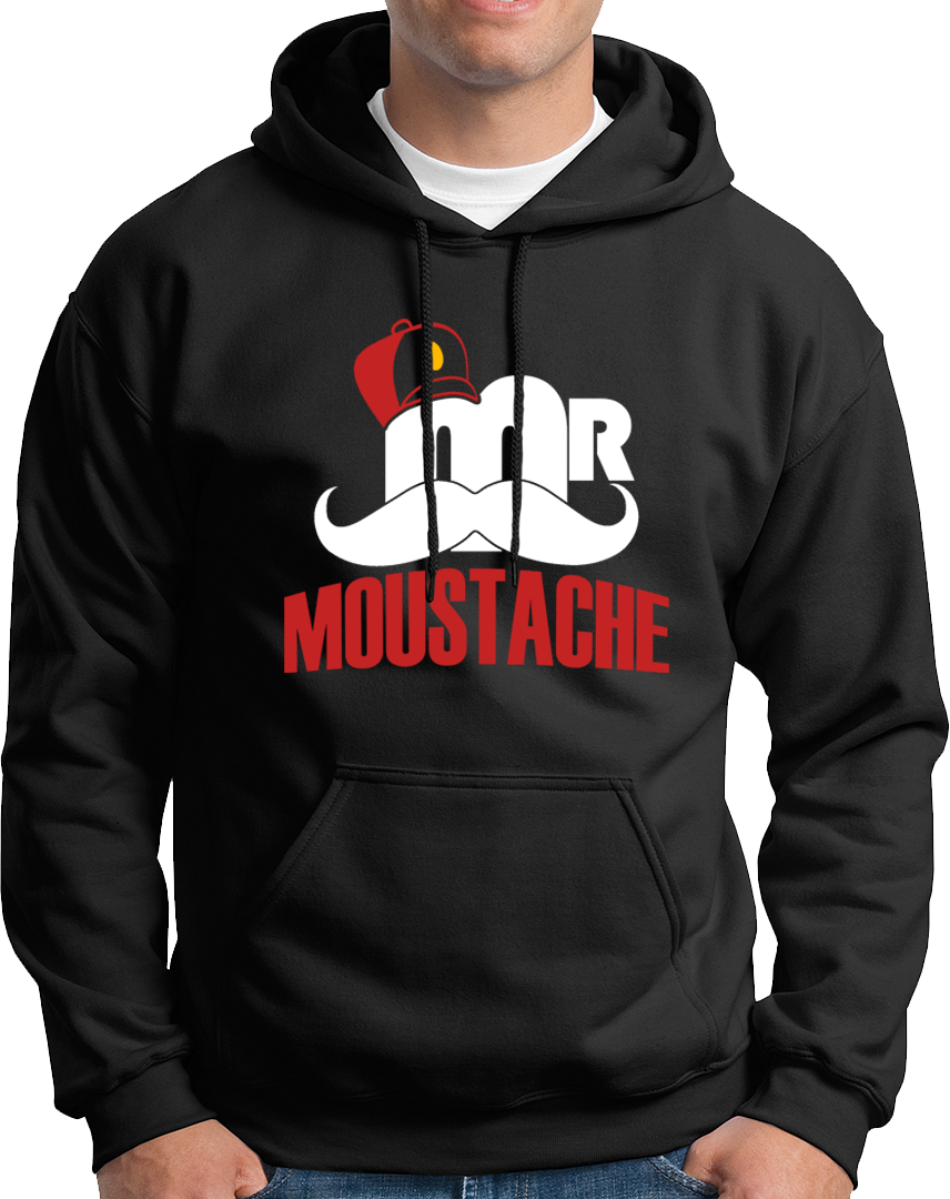 Black Mr. Moustache Unisex Hoodie with red and white moustache print by Garrari