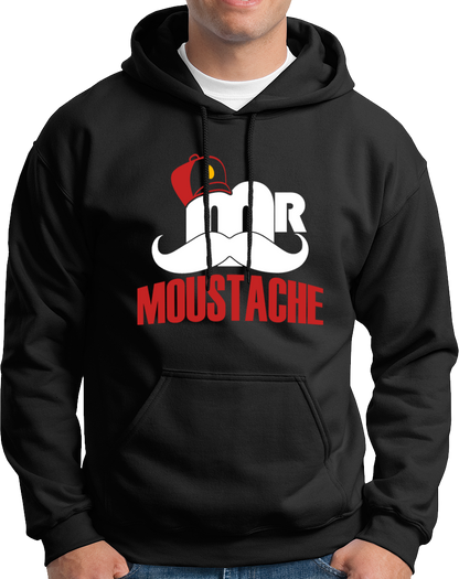 Black Mr. Moustache Unisex Hoodie with red and white moustache print by Garrari