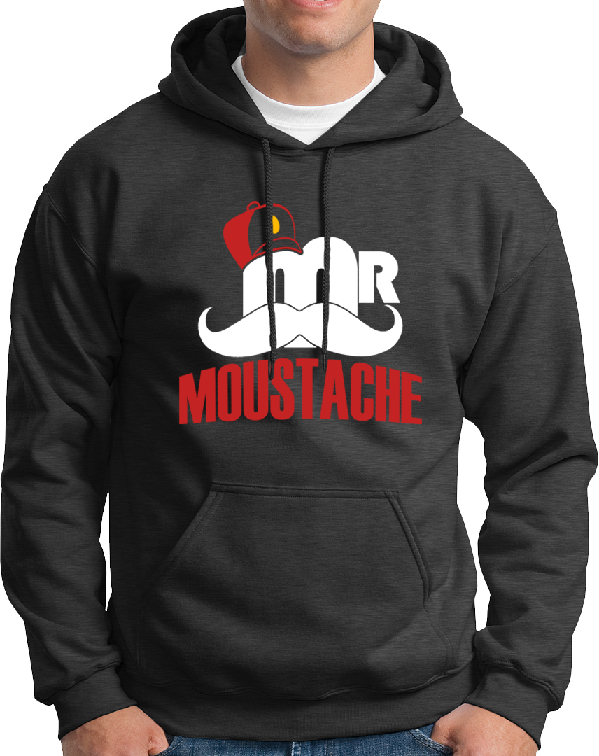 Dark Grey Mr. Moustache Unisex Hoodie with quirky moustache graphic by Garrari