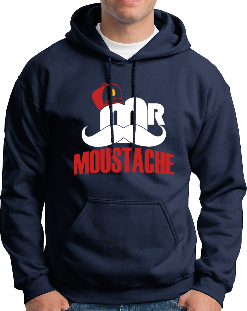 Navy Blue Mr. Moustache Unisex Hoodie with men’s moustache pride print by Garrari
