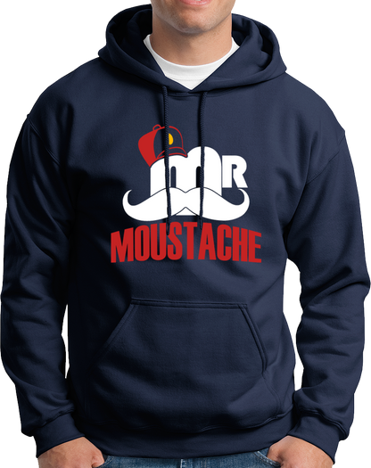 Navy Blue Mr. Moustache Unisex Hoodie with men’s moustache pride print by Garrari