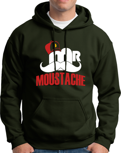 Olive Green Mr. Moustache Unisex Hoodie with bold moustache lover graphic by Garrari