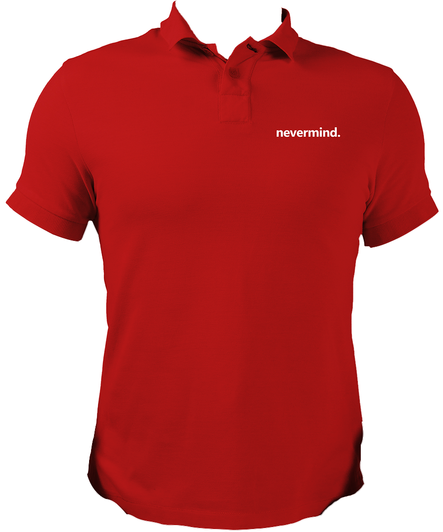 Red Nevermind Unisex Polo with minimal nevermind text by Garrari