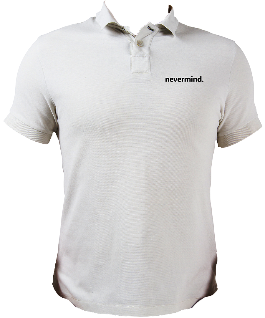 White Nevermind Unisex Polo with small black typography print by Garrari