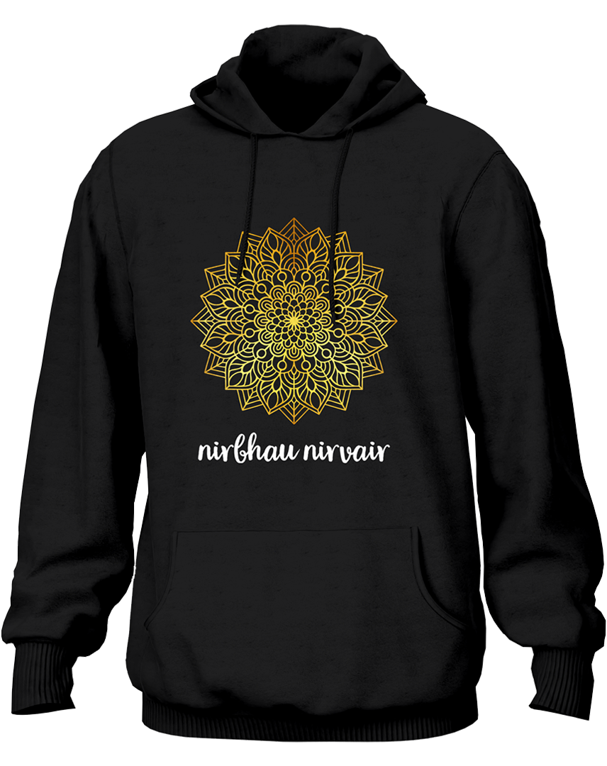Black Nirbhau Nirvair hoodie with golden reflective mandala artwork and spiritual text by Garrari
