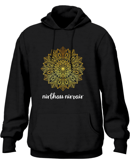 Black Nirbhau Nirvair hoodie with golden reflective mandala artwork and spiritual text by Garrari