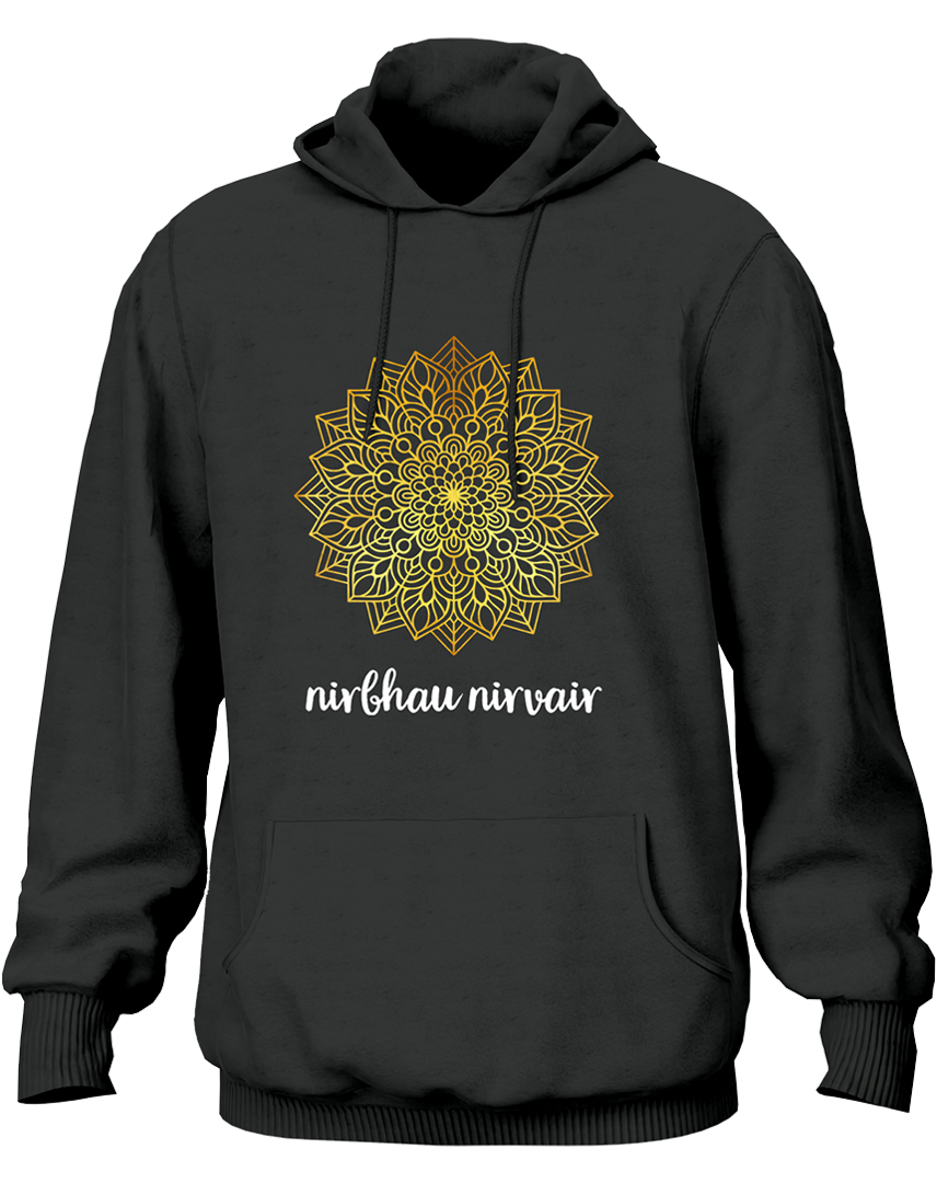 Dark Grey Nirbhau Nirvair hoodie with Gurbani-inspired text and golden mandala print by Garrari