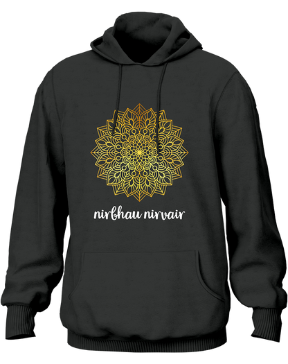 Dark Grey Nirbhau Nirvair hoodie with Gurbani-inspired text and golden mandala print by Garrari
