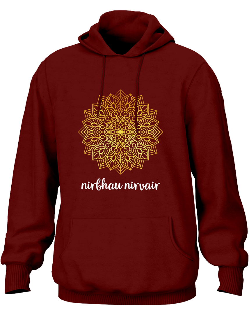 Maroon Nirbhau Nirvair hoodie with spiritual mandala artwork by Garrari