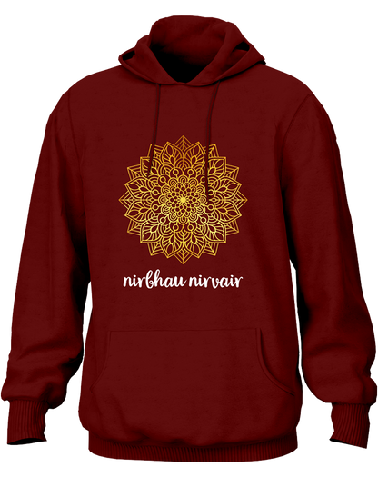 Maroon Nirbhau Nirvair hoodie with spiritual mandala artwork by Garrari