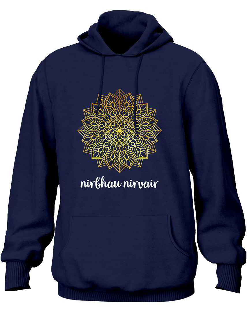 Navy Blue Nirbhau Nirvair hoodie with golden metallic reflective artwork by Garrari
