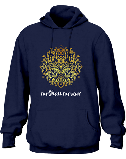 Navy Blue Nirbhau Nirvair hoodie with golden metallic reflective artwork by Garrari
