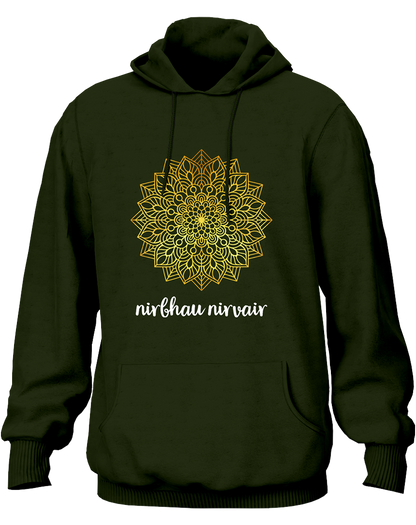 Olive Green Nirbhau Nirvair hoodie with golden metallic reflective mandala artwork by Garrari
