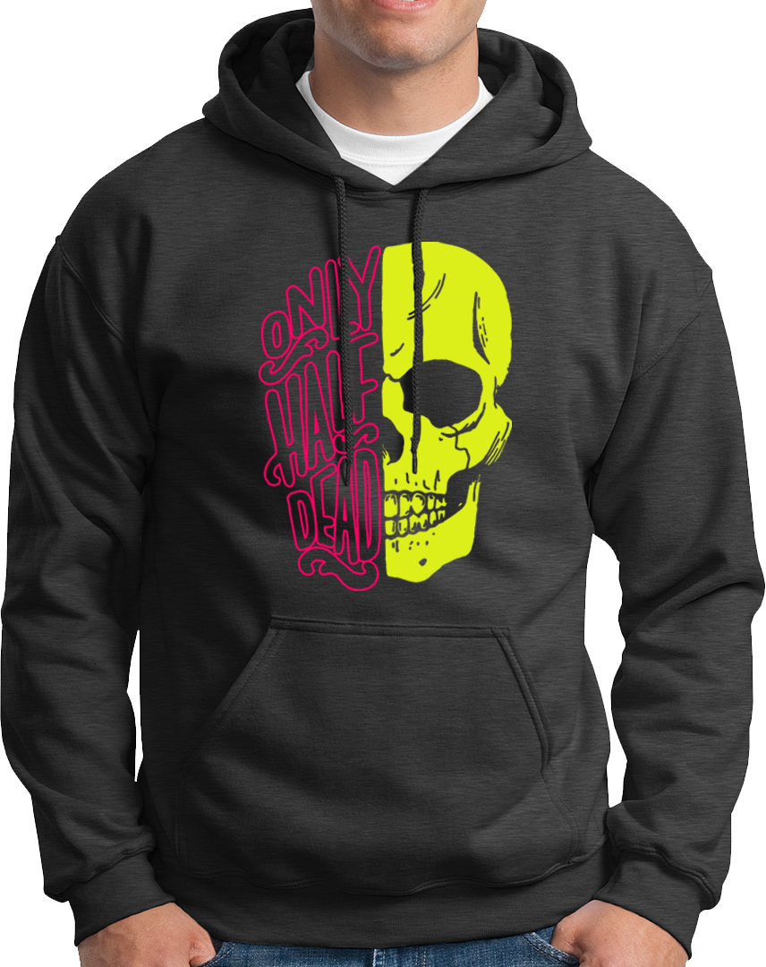 Dark Grey Only Half Dead Unisex Hoodie featuring neon half-skull graphic