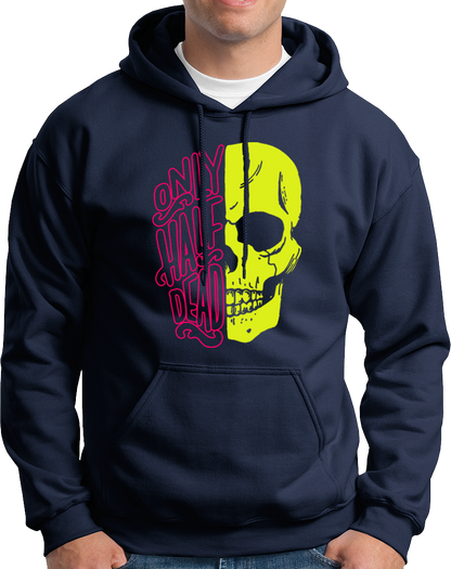 Navy Blue Only Half Dead Unisex Hoodie with neon yellow skull print