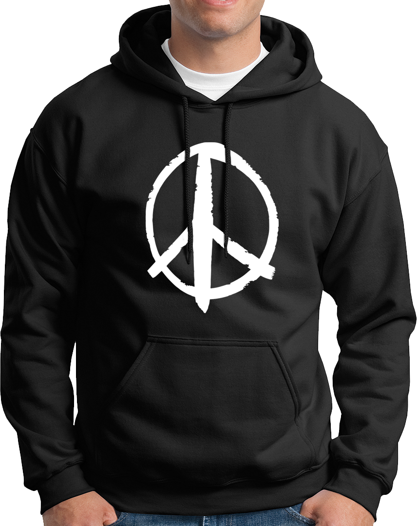 Black Peace Sign Unisex Hoodie with white brush-style peace symbol