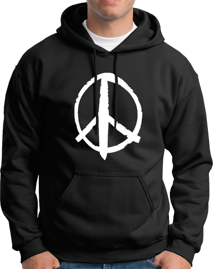 Black Peace Sign Unisex Hoodie with white brush-style peace symbol