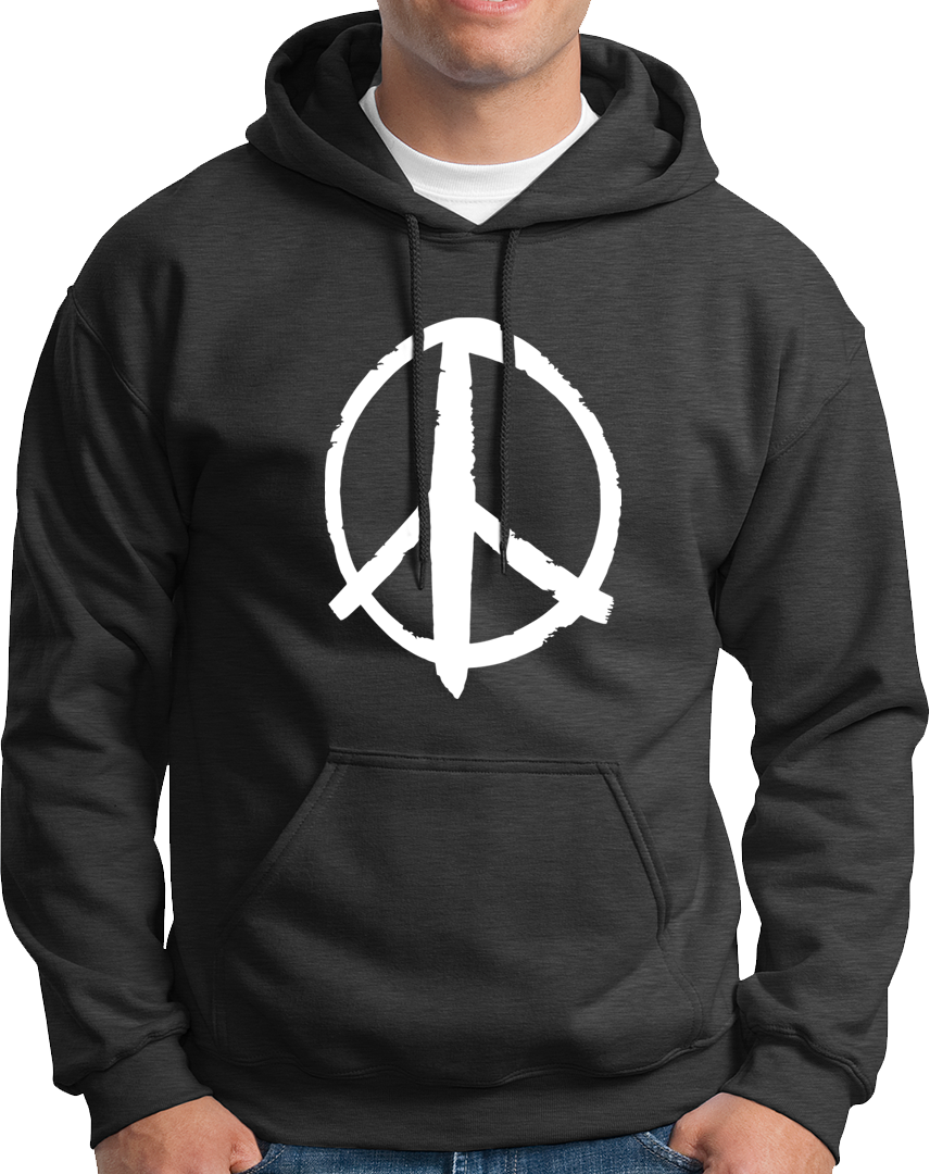 Dark Grey Peace Sign Unisex Hoodie with white brush-style peace symbol