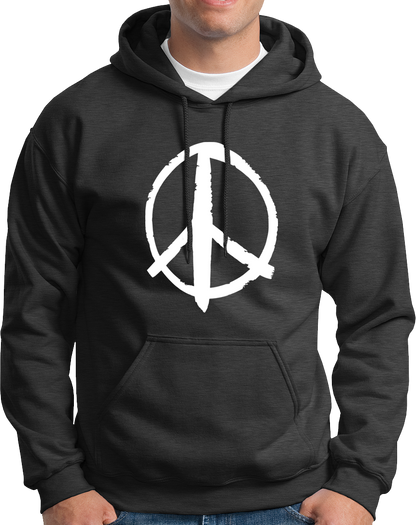 Dark Grey Peace Sign Unisex Hoodie with white brush-style peace symbol
