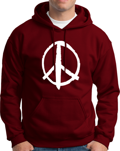 Maroon Peace Sign Unisex Hoodie with white brush-style peace symbol