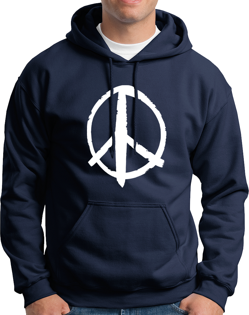 Navy Blue Peace Sign Unisex Hoodie with white brush-style peace symbol