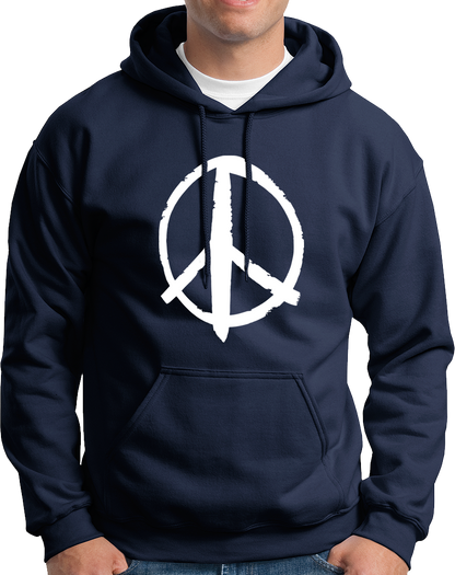 Navy Blue Peace Sign Unisex Hoodie with white brush-style peace symbol
