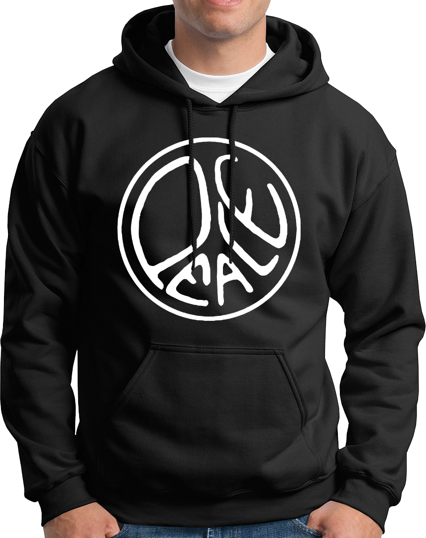 Black Peace Unisex Hoodie with white peace symbol graphic