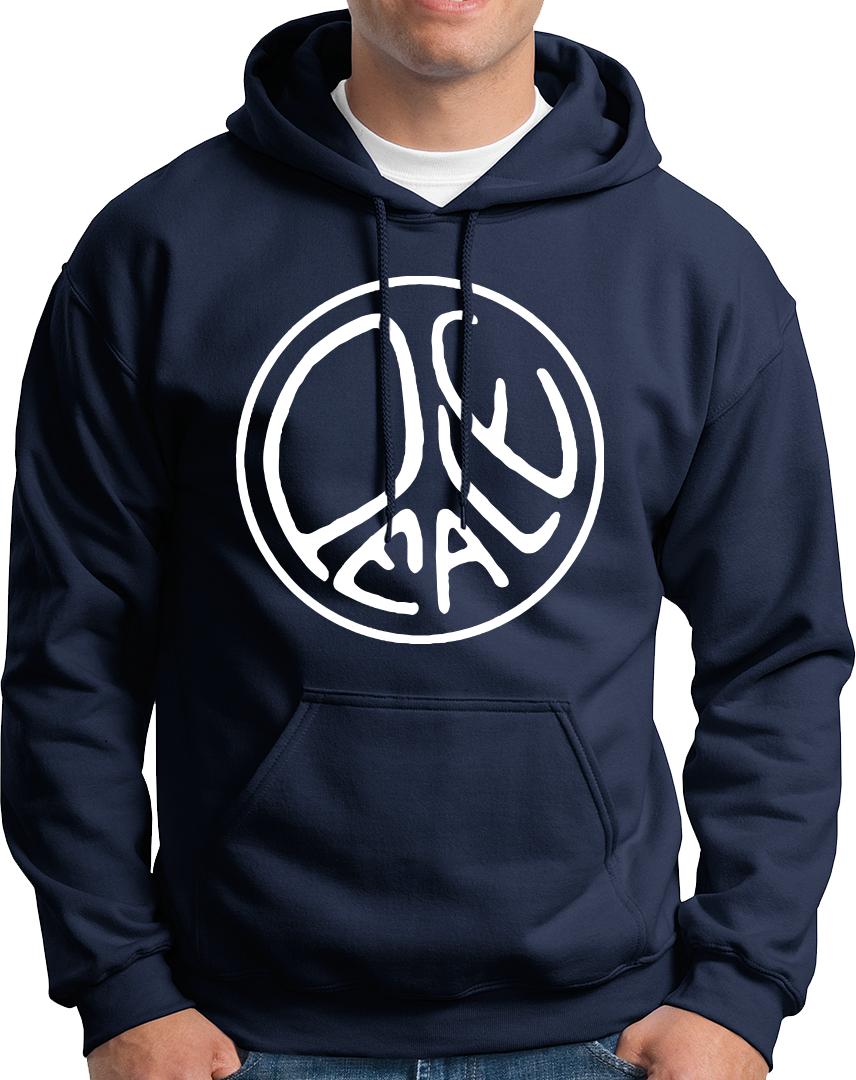 Navy Blue Peace Unisex Hoodie with white peace symbol graphic