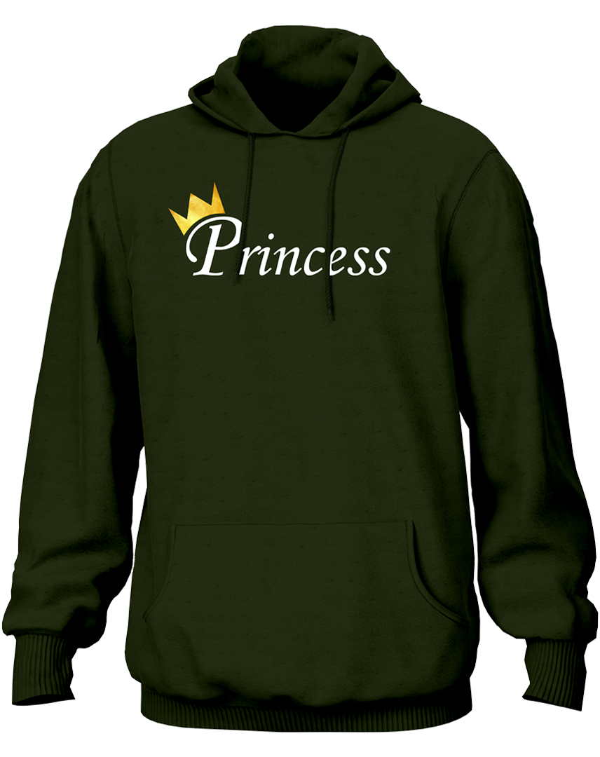 Olive Green Princess Unisex Hoodie with Princess typography and golden crown