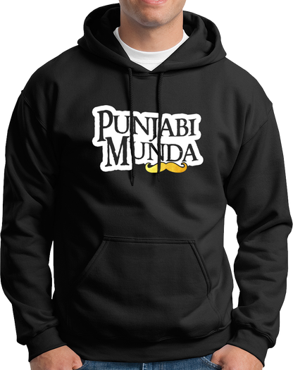 Black Punjabi Munda Unisex Hoodie with Punjabi typography and moustache graphic
