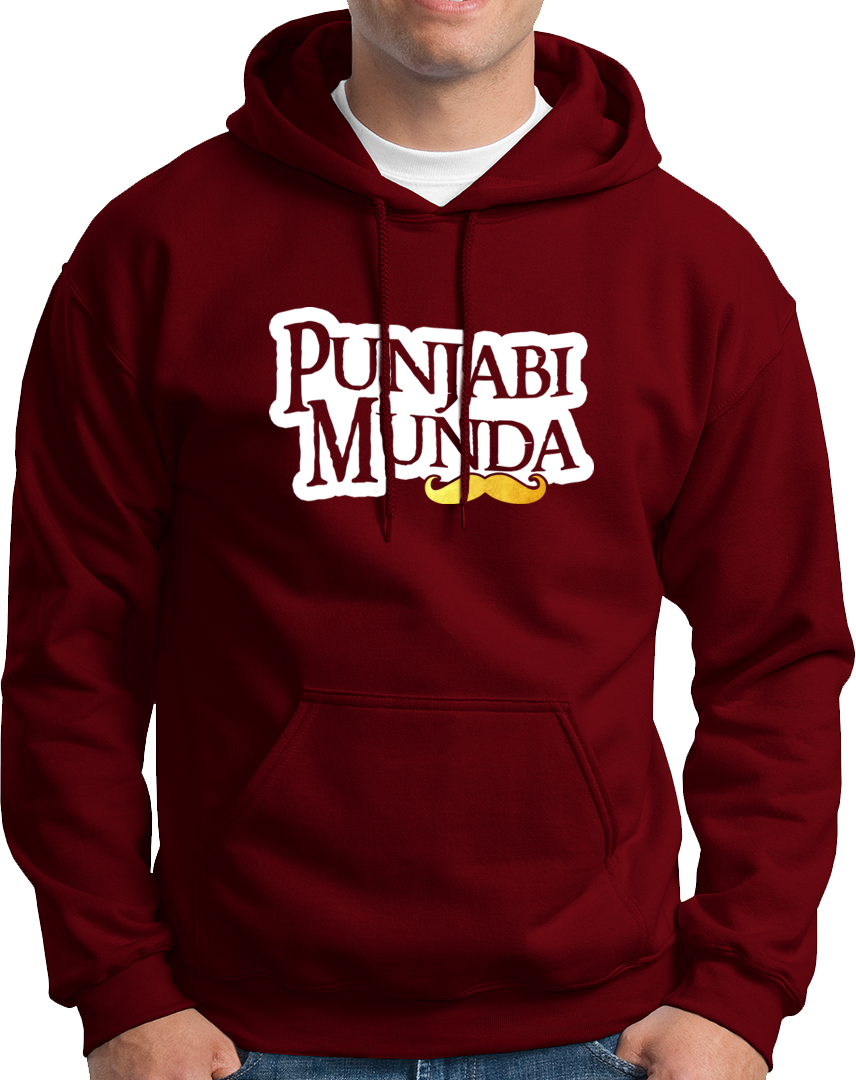 Maroon Punjabi Munda Unisex Hoodie with Punjabi typography and golden moustache