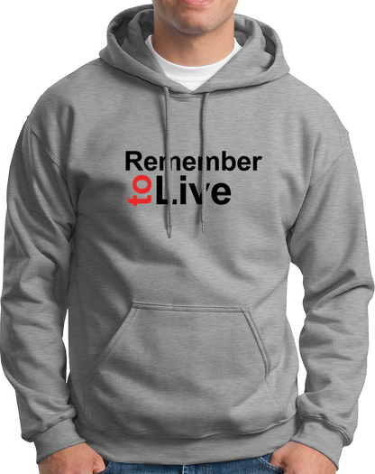 Grey Remember To Live Unisex Hoodie with black and red typography print