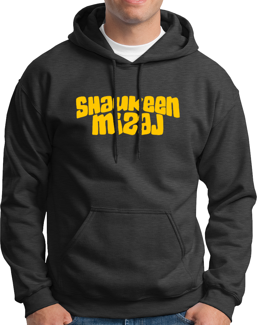 Dark Grey Shaukeen Mizaj Unisex Hoodie with bold yellow typography graphic