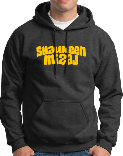 Dark Grey Shaukeen Mizaj Unisex Hoodie with bold yellow typography graphic