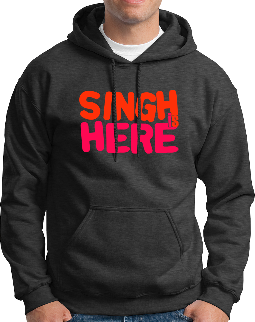 Dark Grey Singh Is Here Unisex Hoodie with colourful Singh Is Here print