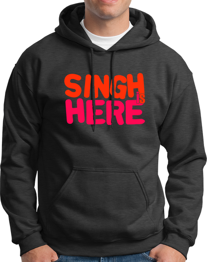 Dark Grey Singh Is Here Unisex Hoodie with colourful Singh Is Here print