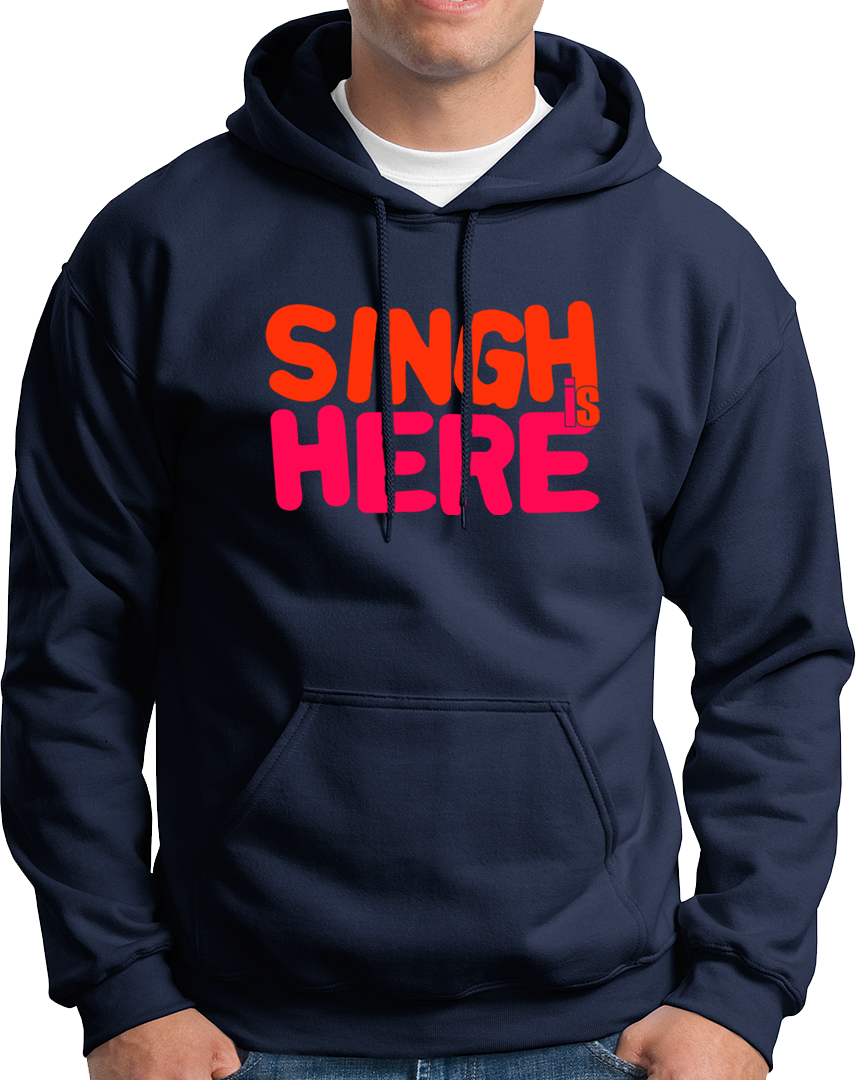 Navy Blue Singh Is Here Unisex Hoodie with bold statement typography