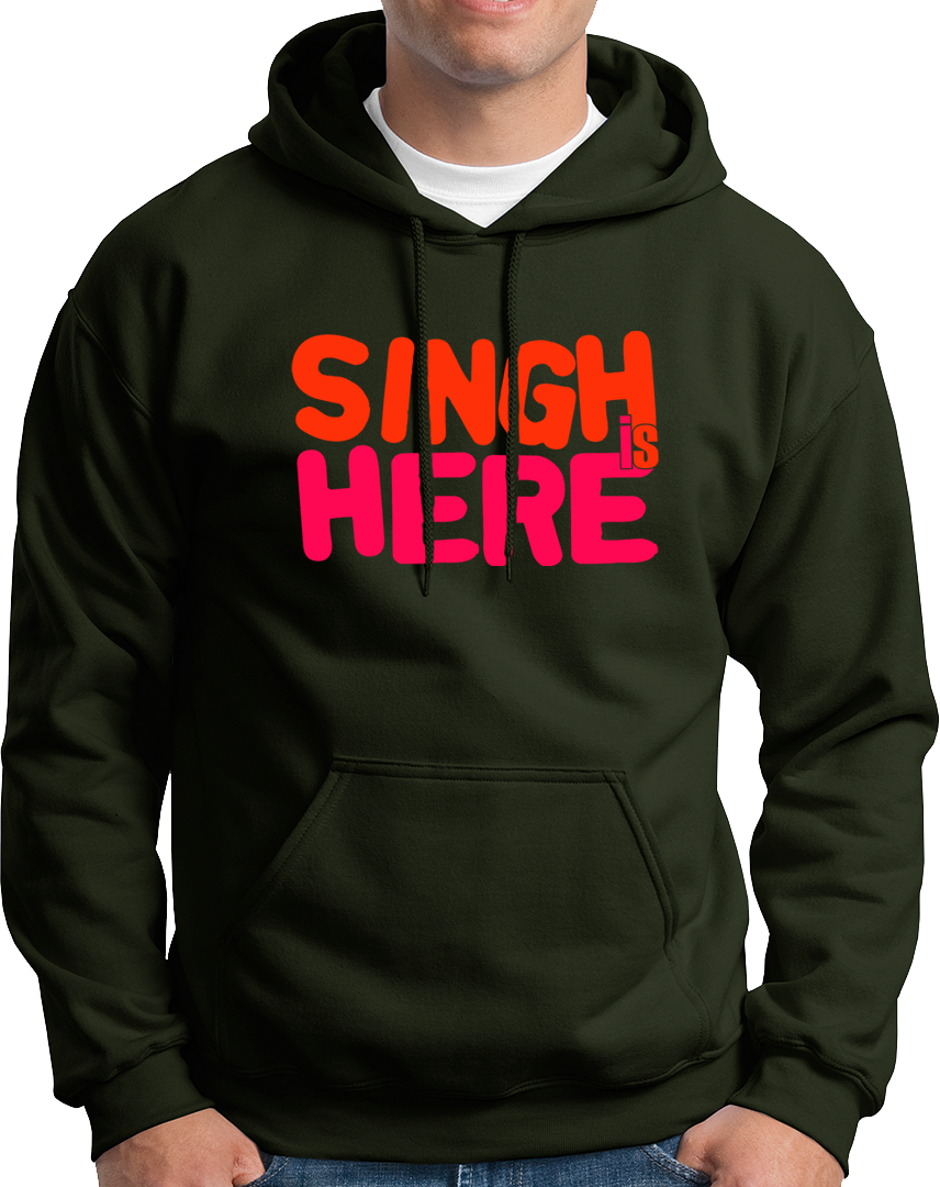 Olive Green Singh Is Here Unisex Hoodie with red and pink Singh Is Here graphic