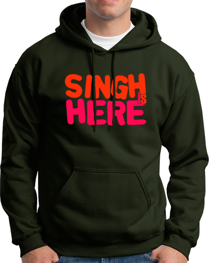 Olive Green Singh Is Here Unisex Hoodie with red and pink Singh Is Here graphic