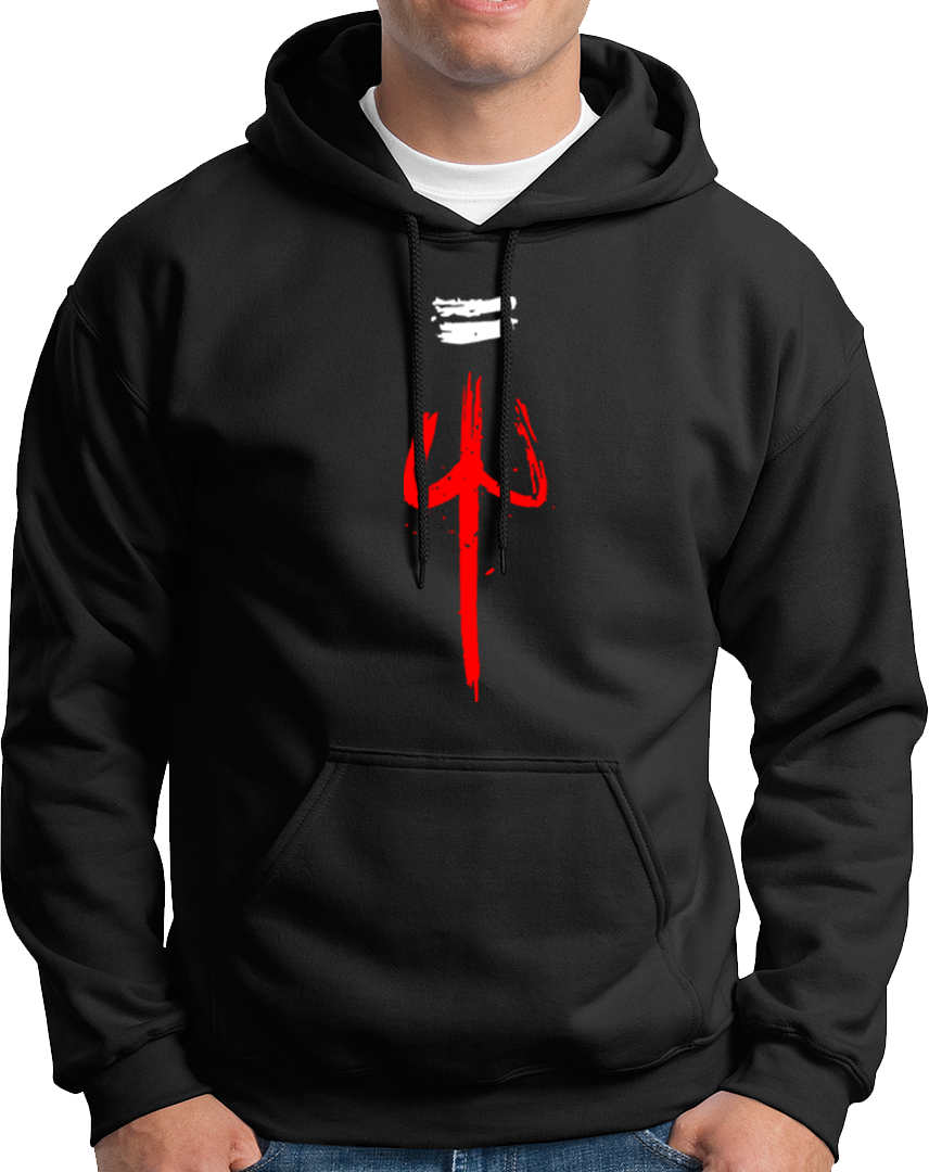 Black The Trishula hoodie with Mahadev trishul and tripund tilak design by Garrari