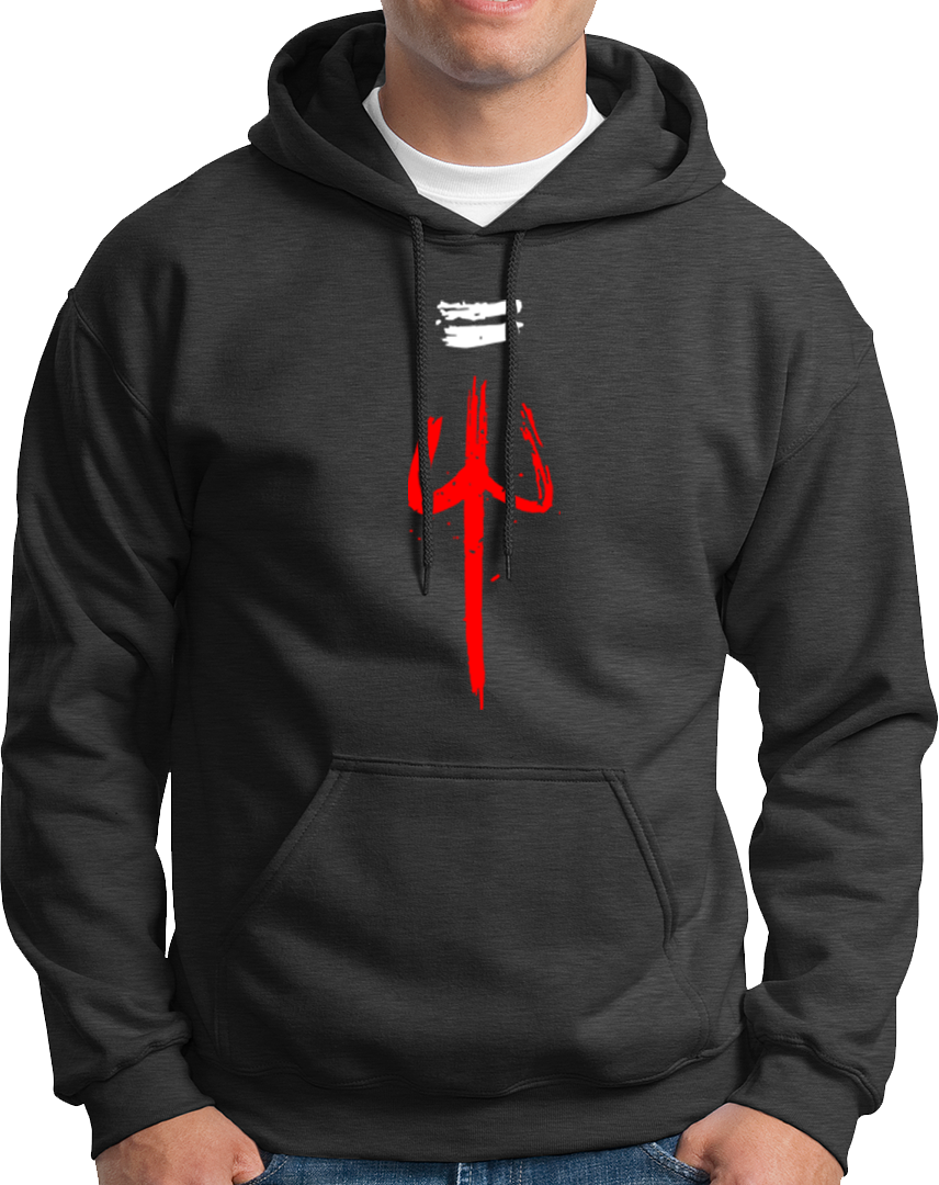 Dark Grey The Trishula hoodie with red trishul artwork and white tripund tilak by Garrari