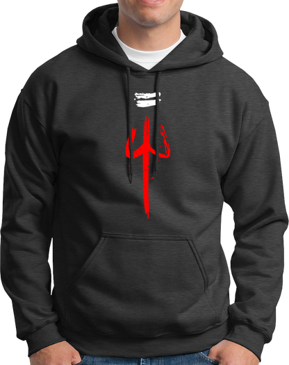 Dark Grey The Trishula hoodie with red trishul artwork and white tripund tilak by Garrari