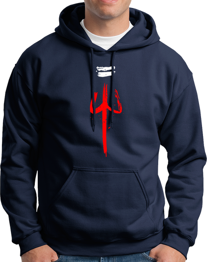 Navy Blue The Trishula hoodie with Shiv Ji trishul and tripund tilak artwork by Garrari