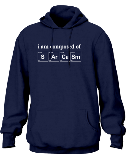 Navy Blue I Am Composed Of Sarcasm Unisex Hoodie with periodic-table style Sarcasm design by Garrari